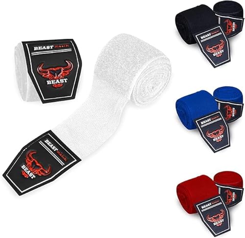 BEAST RAGE Box-Handbandagen,2,5/4,5 Meter, Kampfsport-Bandagen, Innenhandschuhe, Handgelenkstützgurte,Schlagen unter den Handknöcheln,schwere elastische Trainingstasche (Strahlweiß, 4.5 M) von BEAST RAGE