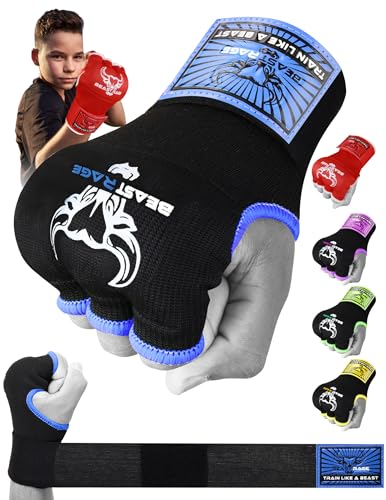 BEAST RAGE Boxbandagen, Gelhandschuhe, MMA, 75 cm lang, gepolstert, elastisch, schnelles Boxen, Boxsack, Training, Muay Thai, Handbandagen-Set UFC Bandagen für Herren Damen Kinder (Kids Junior, blau) von BEAST RAGE