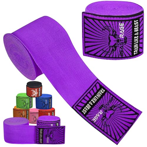 BEAST RAGE Boxbandagen für Herren, Schutz, MMA, Unterstützung, Innenhandschuhe, Kampfsport, Boxen, Kampfsport, Muay Thai, unter Fäustlingen, 4,5 m, elastische Bandagen (4,5 m, Violett) von BEAST RAGE