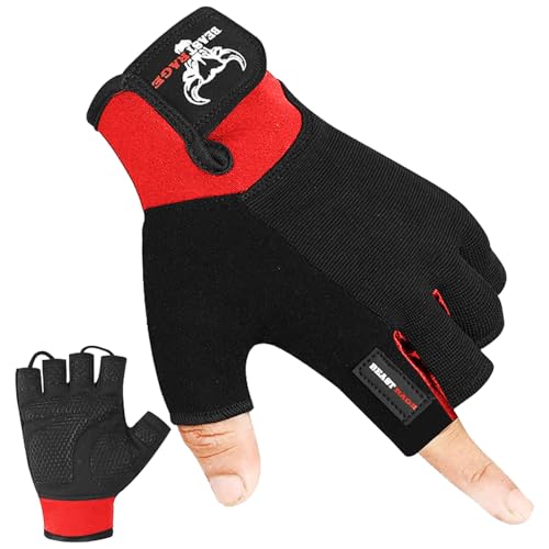 BEAST RAGE Fitness-Handschuhe, Gewichtheben, Training, rutschfest, gepolsterte Handfläche, Halbfinger, Powerlifting, Workout, Übungshandschuhe für Damen und Herren, Rot, Größe M von BEAST RAGE