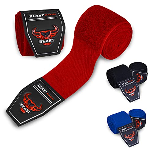 Beast Rage Boxbandagen 4,5 Meter Kampfsport-Bandagen Innenhandschuhe Handgelenkstützgurte Boxen Unterhand Knöchel Schwere Elastische Trainingstasche Fäustlinge Muay Thai (Rot, 4,5) von BEAST RAGE