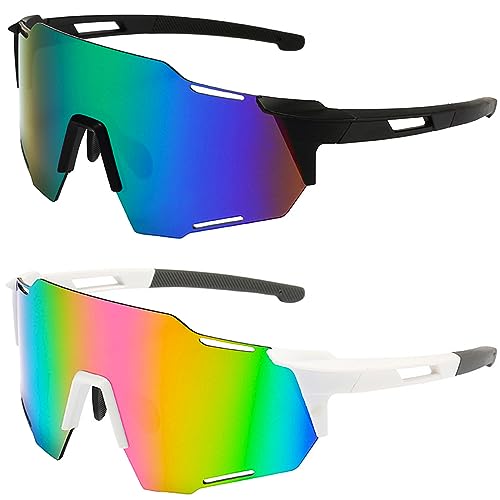 2PCS Sonnenbrille Fahrradbrille,Herren Damen Sportbrille Fahrradbrille,Schutzbrille Sonnenbrille Anti-Uv für Outdooraktivitäten Wie Radfahren Laufen Klettern Autofahren Angeln Golf Ski im Freien von BECILES
