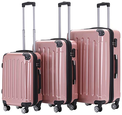 BEIBYE- 3er Kofferset Hartschalen-Koffer Reisekoffer Trolley Rollkoffer Set Reisekofferset (Rosa Gold) von BEIBYE