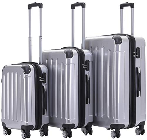 BEIBYE- 3er Kofferset Hartschalen-Koffer Reisekoffer Trolley Rollkoffer Set Reisekofferset (Silber) von BEIBYE