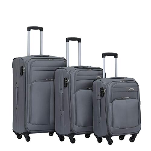 BEIBYE 4 Rollen Reisekoffer 3tlg.Stoffkoffer Handgepäck Kindergepäck Gepäck Koffer Trolley Set-XL-L-M (Grau, Set) von BEIBYE