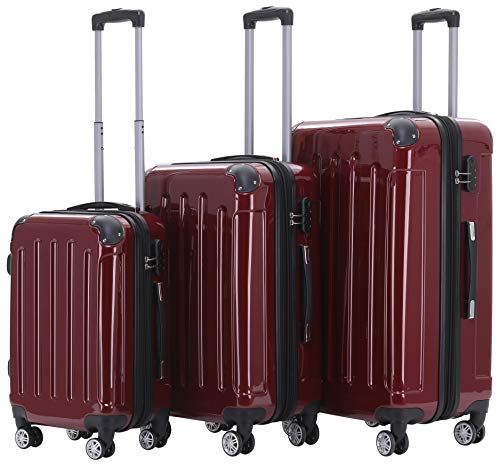 BEIBYE Hartschalen Koffer Trolley Rollkoffer Reisekoffer 4 Zwillingsrollen Polycabonat (Rot, Kofferset) von BEIBYE