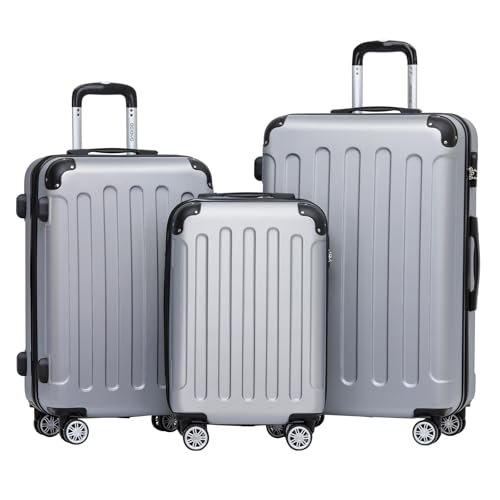 BEIBYE Hartschalen-Koffer Trolley Rollkoffer Reisekoffer Handgepäck 4 Rollen (M-L-XL-Set) (Silber, Set) von BEIBYE