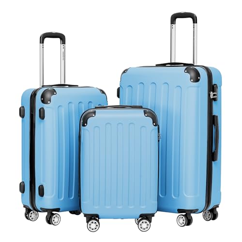 BEIBYE Hartschalen-Koffer Trolley Rollkoffer Reisekoffer Sicherheit Zahlenschloß Zwillingsrolle ABS Material Handgepäck 4 Rollen (M-L-XL-Set) (Glacial Blue, Set) von BEIBYE