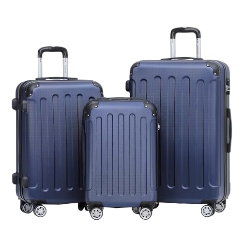 BEIBYE- Hartschalenkoffer Koffer Trolley Rollkoffer Reisekoffer Zahlenschloß 4 Zwilings-Rollen (Dark-Blue, Koffer-Set) von BEIBYE