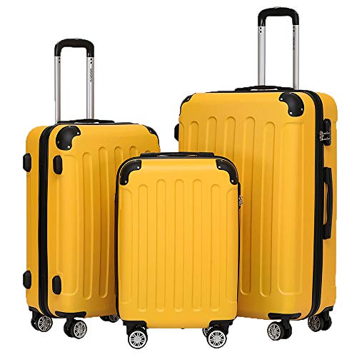 BEIBYE- Hartschalenkoffer Koffer Trolley Rollkoffer Reisekoffer Zahlenschloß 4 Zwilings-Rollen (Yellow, Koffer-Set) von BEIBYE