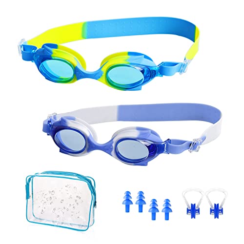 2-teilige Silikon-Schwimmbrille für Kinder, HD-wasserdichte Anti-Fog-Anti-UV-Kopfband-Schwimmausrüstung mit 2 Anti-Noise-Ohrstöpseln, 2 Schwimm-Nasenclips und 1 transparenter Aufbewahrungstasche von BEIIEB
