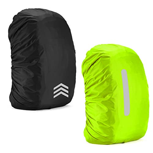 BEIIEB 2 reflektierende Rucksackhüllen, elastische Regenhülle mit reflektierenden Streifen, Schultaschen-Regenhülle, geeignet für Outdoor-Camping und Wandern. (Schwarz, Fluoreszierendes Grün) von BEIIEB