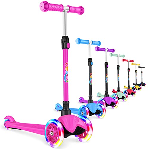 BELEEV Roller Kinder 2~8 Jahre, 3 Räder Kinder Roller für Mädchen & Jungen, Scooter mit LED Leuchträdern, Höhenverstellbaren Lenkstange, Lean-to-Steer, Rutschfestes Trittbrett (Hot Pink) von BELEEV