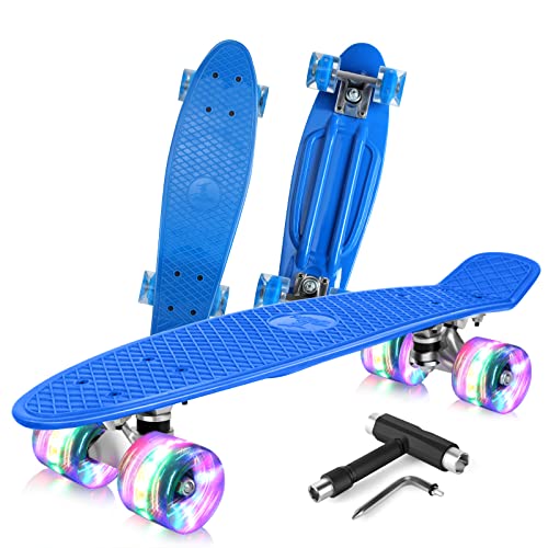 BELEEV Skateboard Komplette Mini Cruiser Skateboard für Kinder Jugendliche Erwachsene, Led Leuchtrollen mit All-in-one Skate T-Tool für Anfänger(Blau) von BELEEV