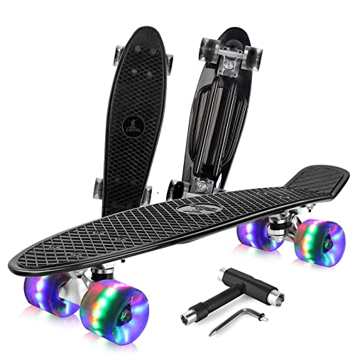 BELEEV Skateboard Komplette Mini Cruiser Skateboard für Kinder Jugendliche Erwachsene, Led Leuchtrollen mit All-in-one Skate T-Tool für Anfänger(Schwarz) von BELEEV