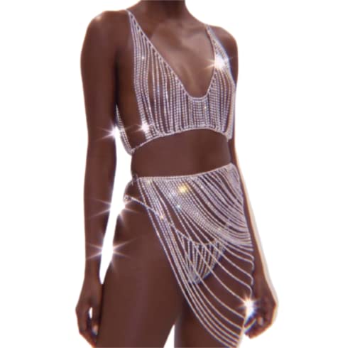 Frau sexy Körperkette Brustkette Strass mit Fransen Höschen-BH-Kette Kristall Bikini Unterwäsche Body Chain (Silber) von BERMEL