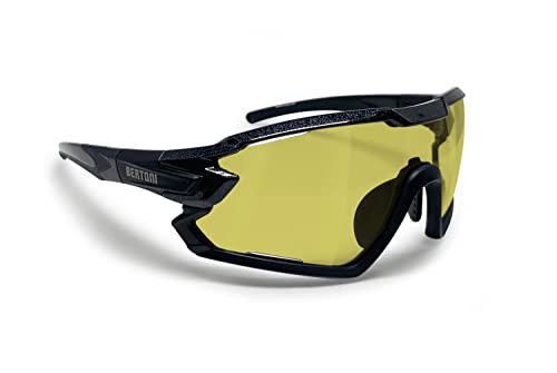 BERTONI Fahrradbrille Sport Sonnenbrille Radbrille MTB mit Sehstärke für Brillenträger mod. QUASAR (Schwartz/Selbsttönende Polarisierte Gelb) von BERTONI