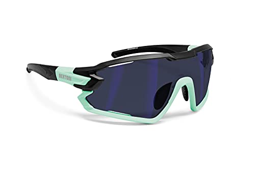 BERTONI Fahrradbrille Sport Sonnenbrille Radbrille MTB mit Sehstärke für Brillenträger mod. QUASAR (Schwartz-Aquamarin/Blau Verspiegelt) von BERTONI