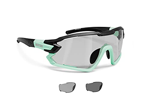 BERTONI Fahrradbrille Sport Sonnenbrille Radbrille MTB mit Sehstärke für Brillenträger mod. QUASAR (Schwartz-Aquamarin/Selbsttönende Polarisierte) von BERTONI