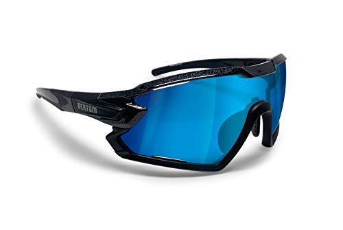 BERTONI Fahrradbrille Sport Sonnenbrille Radbrille MTB mit Sehstärke für Brillenträger mod. Quasar (Schwartz/Blau Verspiegelt) von BERTONI