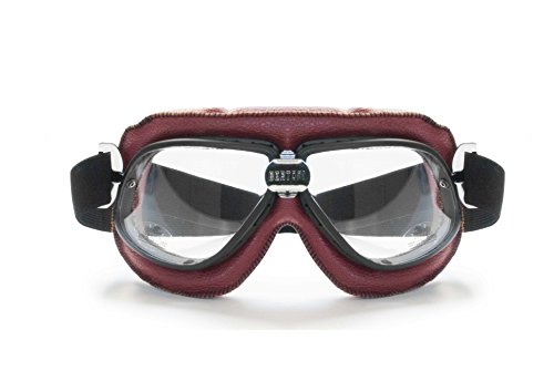 BERTONI Motorradbrille Schutzbrille Fliegerbrille aus Schwarzem Leder und Orangen Nähten - AF196 Bikerbrillen für Motorradhelme (Rotem Leder) von BERTONI