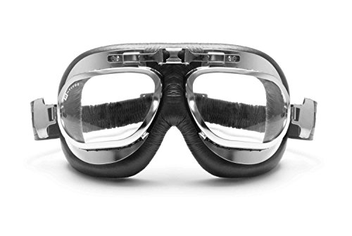 BERTONI Motorradbrille Schutzbrille Vintage mit Chrom Stahlrahmen – Fliegerbrille aus Leder für Harley Davidson und Chopper – Antibeschlag Linsen - AF191CR (Schwarz) von BERTONI