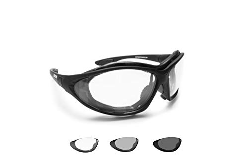 BERTONI Photochrome Polarisierte Motorradbrille Schutzbrille Selbsttönende Antibeschlag UV Schutz mit austauschbare Bügel oder Kopfband - mod. 333 (Selbsttönende Linsen) von BERTONI