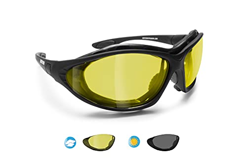 BERTONI Photochrome Polarisierte Motorradbrille Schutzbrille Selbsttönende Antibeschlag UV Schutz mit austauschbare Bügel oder Kopfband - mod. 333 (Selbsttönende Polarisierte Gelbe Linsen) von BERTONI