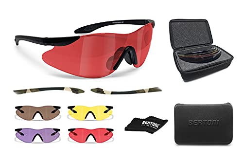 BERTONI Schießbrille mit 4 Wechselgläser mit Tragetasche und Zusätzliches Bügel - SH890 Ballistische Schutzbrille Sportbrillen Für Herren und Damen von BERTONI