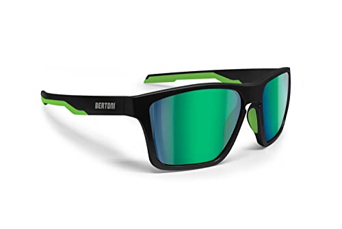 BERTONI Sport Polarisierte Sonnenbrille für Herren Damen in TR90 100% UV Block mod. Fulvio (Matt Schwarz/Grün - Polarisierte Grüne Spiegel Linsen) von BERTONI