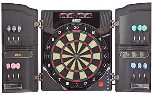 Best Sporting Dartscheibe elektronisch Oxford 2.0 I elektronische Dartscheibe mit LED-Anzeigen I E-Dartscheibe mit 12 Dartpfeilen & Ersatzspitzen I Dartboard Kabinett mit Walnuss-Optik von BEST SPORTING