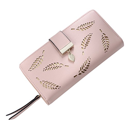 BESTOYARD Lange Geldbörse mit Schnalle, PU Leder Portemonnaie elegant Blätter Brieftasche mit Kartenfächern für Damen Mädchen (Rosa) von BESTOYARD