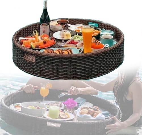 BESTXH Schwimmendes Tablett FüR Den Pool, Luxus-Rattan Schwimmendes Serviertablett, Schwimmende Poolbar, Wasserspiele Im Freien Obstteller, FüR Erwachsene, Spas GeträNke,Braun,80cm von BESTXH