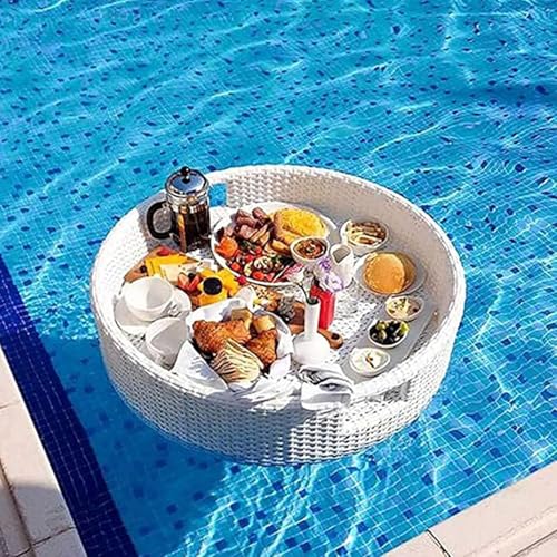 BESTXH Serviertablett Aus Rattangeflecht, Esstablett, Schwimmtablett, LuxuriöSes Schwimmendes Serviertablett FüR Tisch Und Bar, Schwimmtablett FüR Swimmingpools,Weiß,80 * 80cm von BESTXH