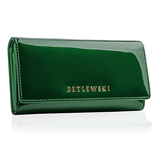 BETLEWSKI - Geldbörse für Damen aus Leder - RFID Blocker Karten Portemonnaie - Geldbeutel Mittelgroß - Lackierte Natur Ledergeldbörse mit vielen Kartenfächer und Münzfach in Grün- 10 x 18 x 4 cm von BETLEWSKI