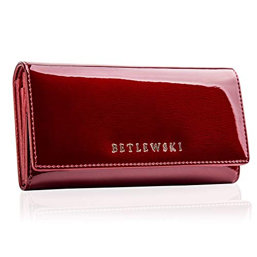 BETLEWSKI - Geldbörse für Damen aus Leder - RFID Blocker Karten Portemonnaie - Geldbeutel Mittelgroß - Lackierte Natur Ledergeldbörse mit vielen Kartenfächer und Münzfach in Rot - 10 x 18 x 4 cm von BETLEWSKI