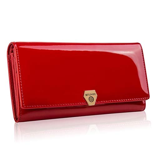 BETLEWSKI - Große Geldbörse für Damen aus Leder RFID Blocker Karten Portemonnaie Geldbeutel Damen mit Zertifikat - Ledergeldbörse mit vielen Kartenfächer und Münzfach - 18,5 x 9,5 x 3,5 cm (Rot) von BETLEWSKI
