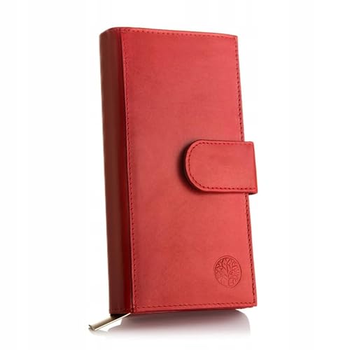 BETLEWSKI - Kleine Geldbörse für Damen aus Leder - RFID Blocker Karten Portemonnaie - Geldbeutel Klein - Natur Ledergeldbörse mit vielen Kartenfächer und Münzfach - 19 x 11,2 x 4,4 cm (Rot) von BETLEWSKI