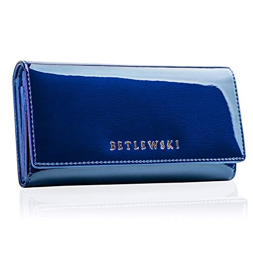 Betlewski® - Geldbörse für Damen aus Leder - RFID Blocker Karten Portemonnaie - Geldbeutel Mittelgroß - Lackierte Natur Ledergeldbörse mit vielen Kartenfächer und Münzfach in Blau - 10 x 18 x 4 cm von BETLEWSKI