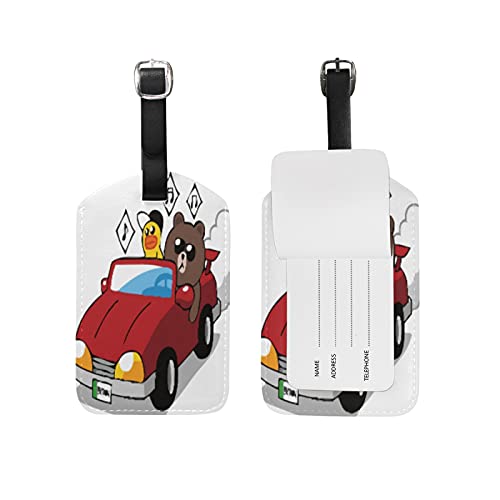 Auto Auto Bär Ente Kofferanhänger mit Adressschild Lustig Leder Gepäckanhänger ID Etikett mit Namenschild für Reise Koffer Tasche(3PACK) von BEUSS