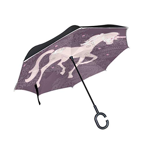 BEUSS Lila Weißes Pferd Reversion Invertierter Umgekehrter Regenschirm Langschirm UV-Schutz Umbrella Winddicht Schirme für Auto Jungen Mädchen Frauen von BEUSS