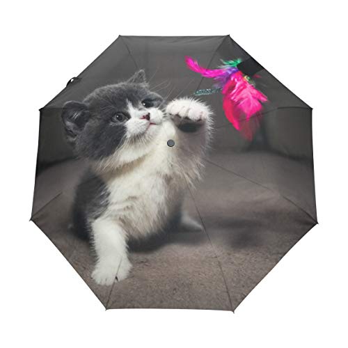 Graue Katze Kitty Blume Regenschirm Auf-Zu Automatik UV-Schutz Taschenschirm Winddichter Umbrella Klein Leicht Schirm Kompakt Schirme für Jungen Mädchen Reise Strand Frauen von BEUSS