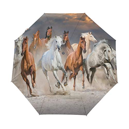 Laufendes Pferd Weiß Regenschirm Auf-Zu Automatik UV-Schutz Taschenschirm Winddichter Umbrella Klein Leicht Schirm Kompakt Schirme für Jungen Mädchen Reise Strand Frauen von BEUSS
