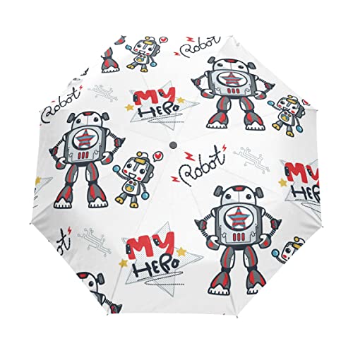 Roboter Cartoon Niedlich Weiß Regenschirm Auf-Zu Automatik Taschenschirm Winddichter Umbrella Klein Leicht Schirm Kompakt Schirme für Jungen Mädchen Reise Strand Frauen von BEUSS