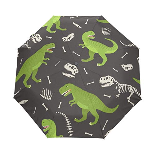 Schwarzgrün Dinosaurier Schädel Regenschirm Auf-Zu Automatik UV-Schutz Taschenschirm Winddichter Umbrella Klein Leicht Schirm Kompakt Schirme für Jungen Mädchen Reise Strand Frauen von BEUSS