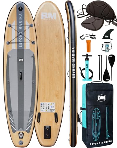 BEYOND MARINA Sup Board, Stand Up Paddling Board, Paddle Board, Aufblasbares Paddleboard Surfboard Wassersport, Sitz, 2-in-1 Paddel, Pumpe, Rucksack, Leash, 320 x81 x15CM, Weisse Holzmaserung von BEYOND MARINA