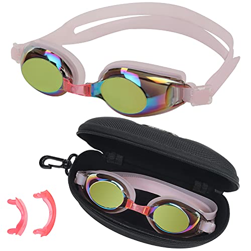 BEZZEE PRO Pinke Schwimmbrille Kinder - UV Schutz & Antibeschlag Brille mit Etui - 3 Unterschiedlich Große Weiche Nasenstege - Kein Auslaufen, Verstellbar für Jugendliche & Kinder Taucherbrille von BEZZEE PRO