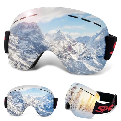 BGTLJKD Unisex Skibrille Anti-Fog Ski brille OTG Schneebrille 100% UV400 Schutz Ski Snow Brille mit Anti-Fog-Beschichtung Doppelscheibe Skibrille für Brillenträger Randlose Skibrille (Silber) von BGTLJKD
