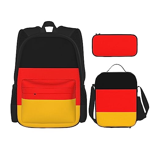 Deutschland Flagge Rucksack 3-teilig Schulranzen mit Brotdose und Federmäppchen Set - Geeignet für Jungen und Mädchen, Schwarz , Einheitsgröße, Kinderrucksack von BHCASE