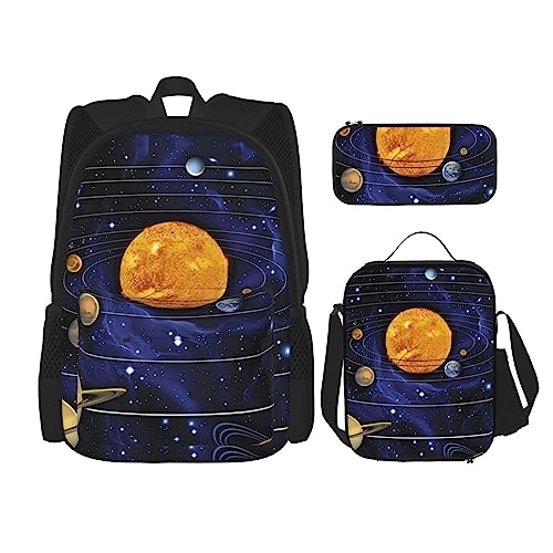 Sonnensystem Rucksack 3-teilig Schulranzen mit Brotdose und Federmappe Set :Geeignet für Jungen und Mädchen, Schwarz , Einheitsgröße, Kinderrucksack von BHCASE